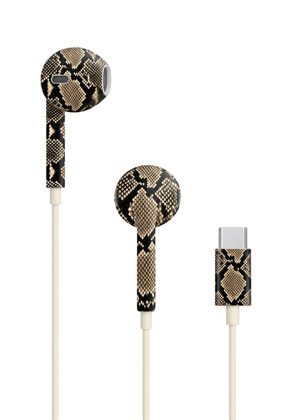 SNAKE earphones with a snakeskin pattern, seen from the front
